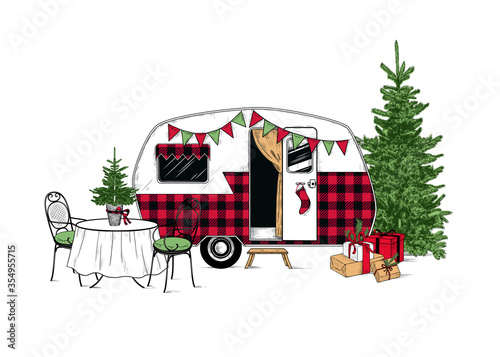 .Buffalo plaid Christmas  camper. Vintage vector illustration..  Engraved design element on a white background.  Christmas style.