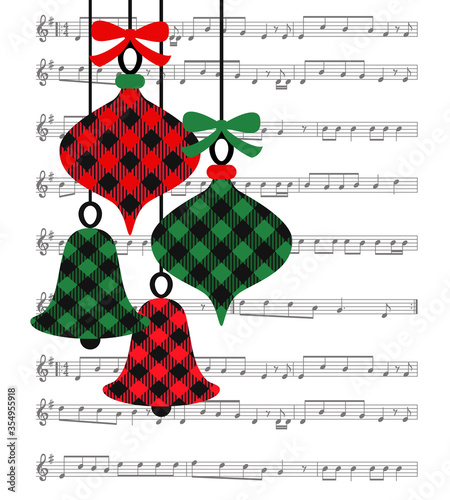 ..Buffalo plaid Christmas tree toys on the background of the music page. Festive vector illustration. Musical card..