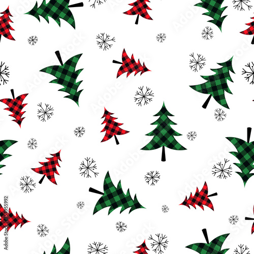 . Buffalo plaid Christmas trees. . Festive seamless pattern on a white background. Vector illustration. Country style. . .