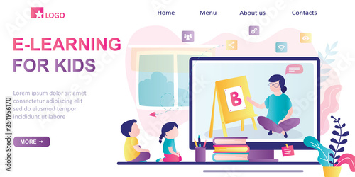 E-learning for kids, landing page template. Online early childhood education courses. Free online preschool games,