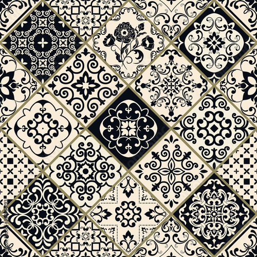 Seamless vector patchwork in turkish style. Hand drawn background. Azulejos tiles patchwork. Portuguese and Spain decor. Islam, Arabic, Indian, ottoman motif. Perfect for printing on fabric or paper