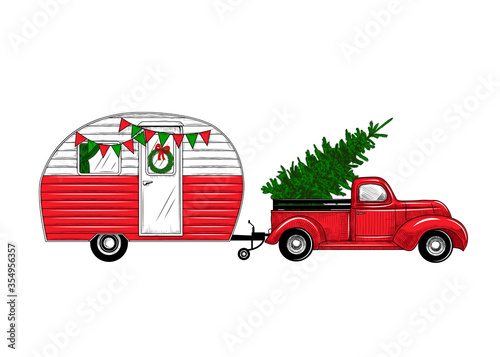 .Christmas truck with a camper. Color vintage illustration. .  Engraved design elements on a white background.  Christmas style. Vector retro card.