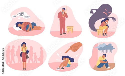 People experiencing sadness, anxiety and fear, vector flat illustration
