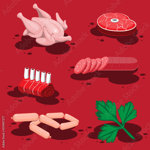 set of cartoon food meat sausage chicken ribs sausage, tenderloin and leaf of parsley isolated on a red background. Vector image