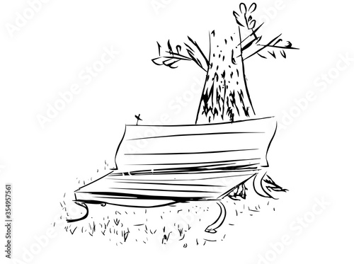 Wood lone bench park under a tree