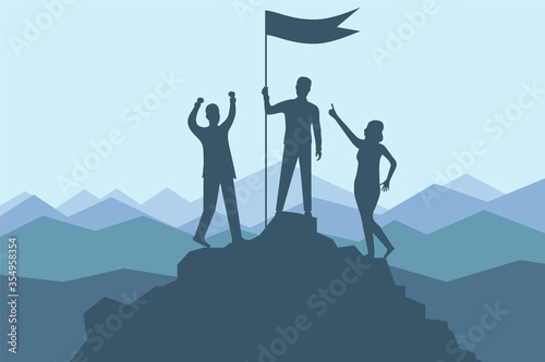 Climbing to the top of the mountain. A group of climbers climbed to the top of the mountain with a flag. Vector illustration banner mountain climbing and active tourism.