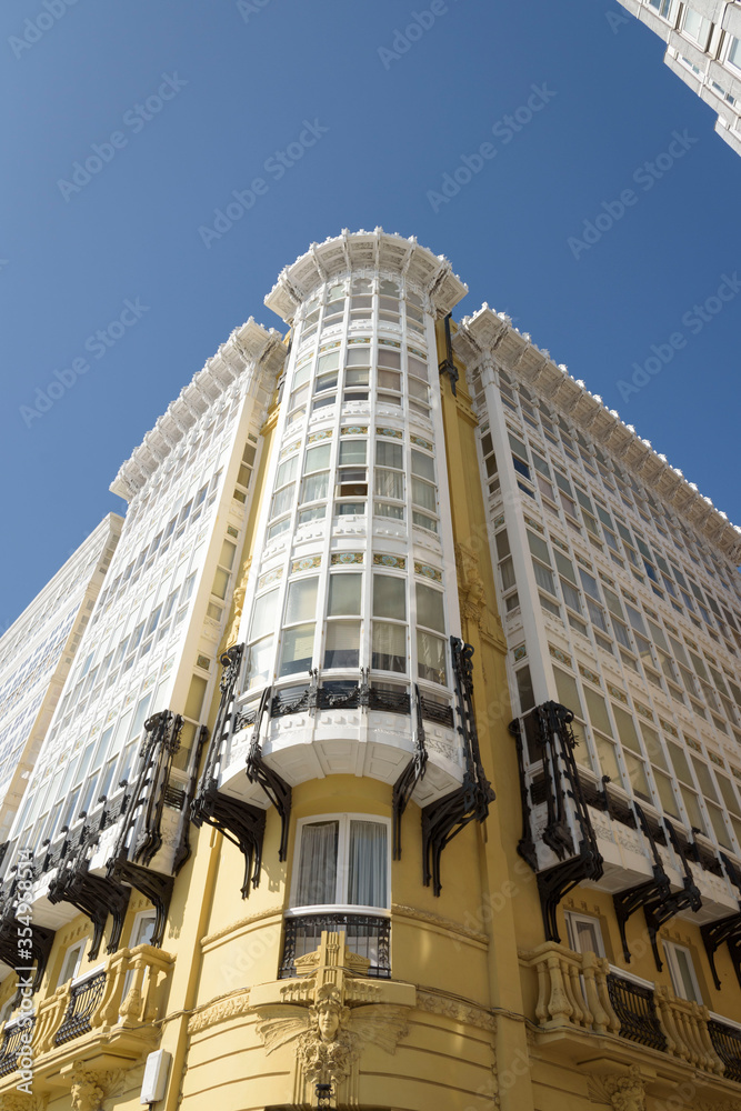 White balconies on Avenida de la Marina, in the center of La Coruña, Galicia, Spain, Europe