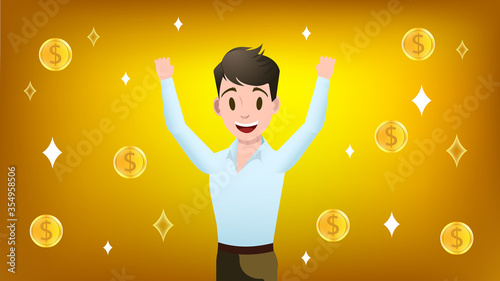 The concept implying investor are success / victory from his business . Mood and tone is prosperous . Vector and illusttation in flat style .