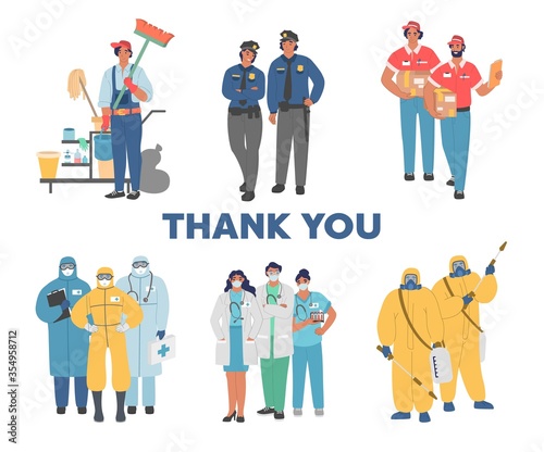 People working on frontlines of coronavirus pandemic, vector flat illustration