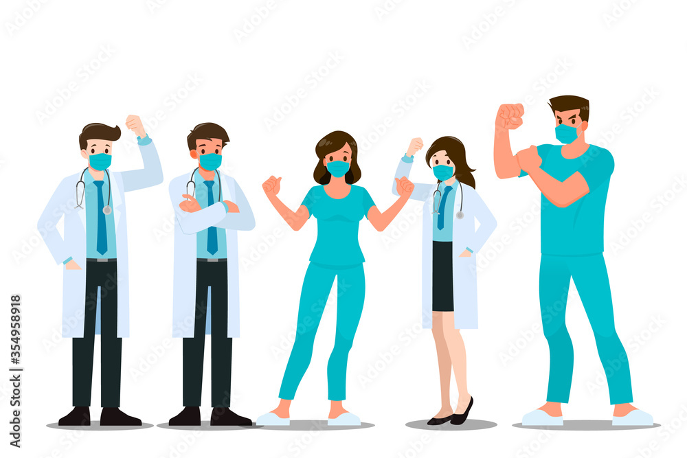 A character set of poses doctor wearing face mask & lab coat, stand & cheering together to fight and win COVID-19 or corona virus disease. Medical concept of flat style vector illustration design. A character set of poses doctor wearing face mask & lab coat, stand & cheering together to fight and win COVID-19 or corona virus disease. Medical concept of flat style vector illustration design.