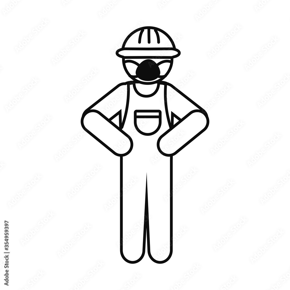 pictogram construction worker with safety helmet and protective mask, line style