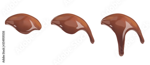 Sweet dark liquid chocolate flowing down. Ganache, icing, frosting, sauce flowing down the surface of the ball. Vector 3d realistic illustration isolated on white background
