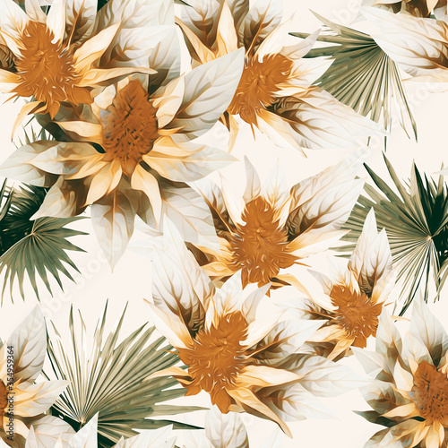 Tropical flowers with palm leaves  seamless pattern.