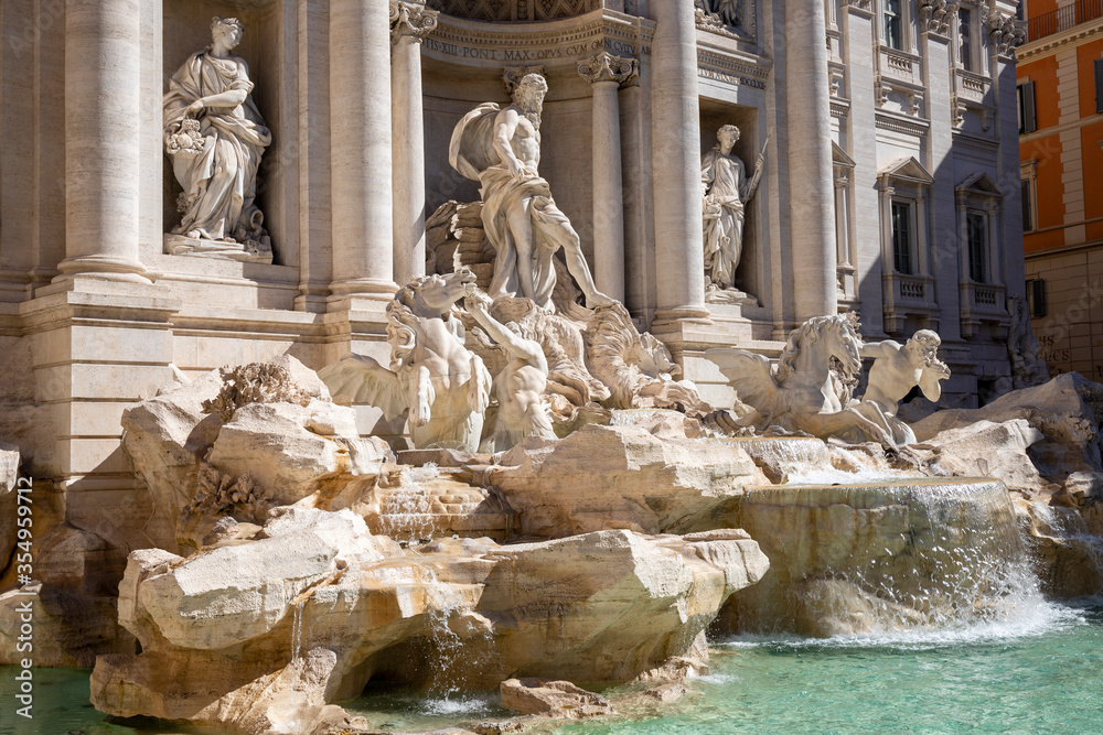 Trevi Fountain (Fontana di Trevi), one of the largest and most famous fountains in Rome. Sculptural group with the statue of Ocean in the center.