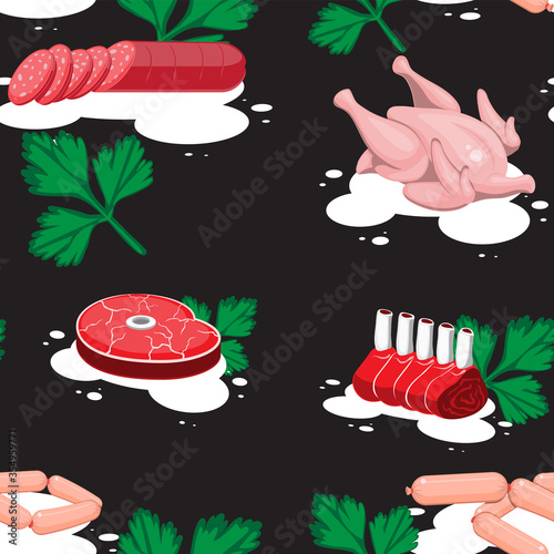 seamless pattern of meat chicken sausage sausage steak ribs on a black background. Vector image