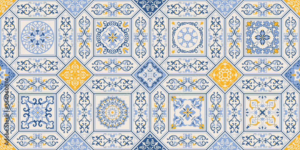Fototapeta Seamless colorful patchwork in turkish style. Hand drawn background. Azulejos tiles patchwork. Portuguese and Spain decor. Islam, Arabic, Indian, ottoman motif. Perfect for printing on fabric or paper