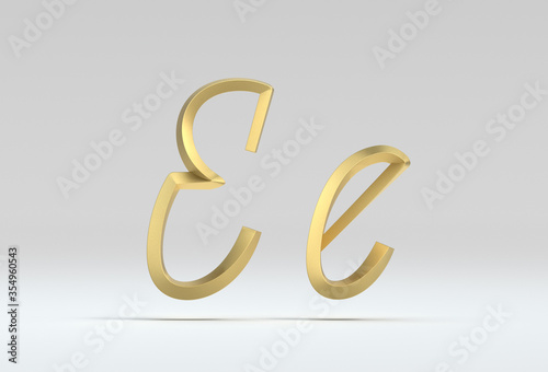 3d illustration of the cyrillic letter Е in gold metal on a white isolated background