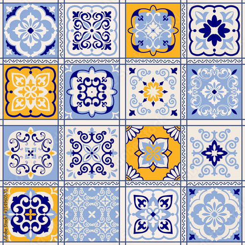 Collection of 16 ceramic tiles in turkish style. Seamless patchwork from Azulejo tiles. Portuguese and Spain decor. Islam, Arabic, Indian, Ottoman motif. Vector Hand drawn background