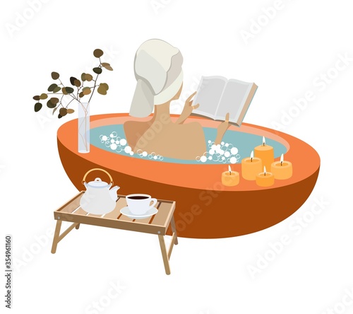 Bath time concept. Young woman lying in the bath full of soap foam and reading a book. Spa procedure. Trendy hand-drawn vector cartoon flat illustration.	