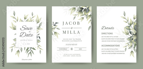 wedding invitation card set template design with watercolor greenery leaf and branch 