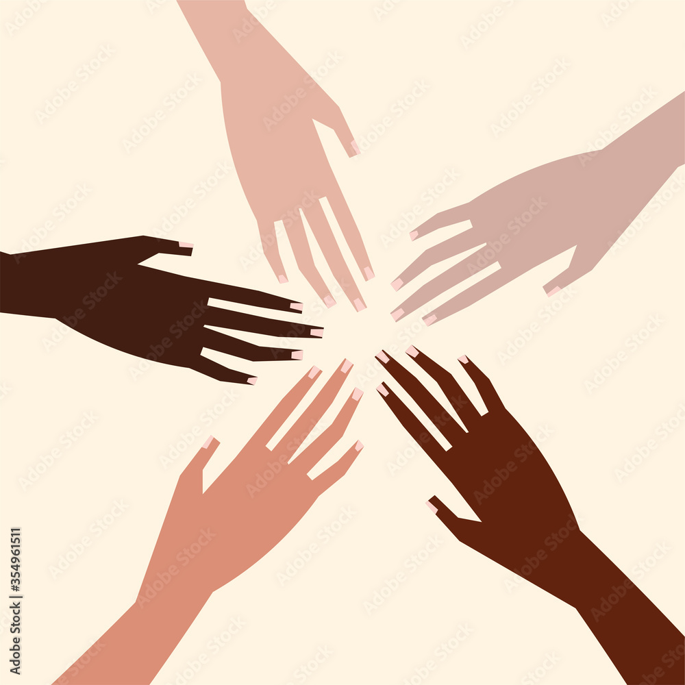 Vector illustration of a people's hands with different skin color together. Minimal flat style.