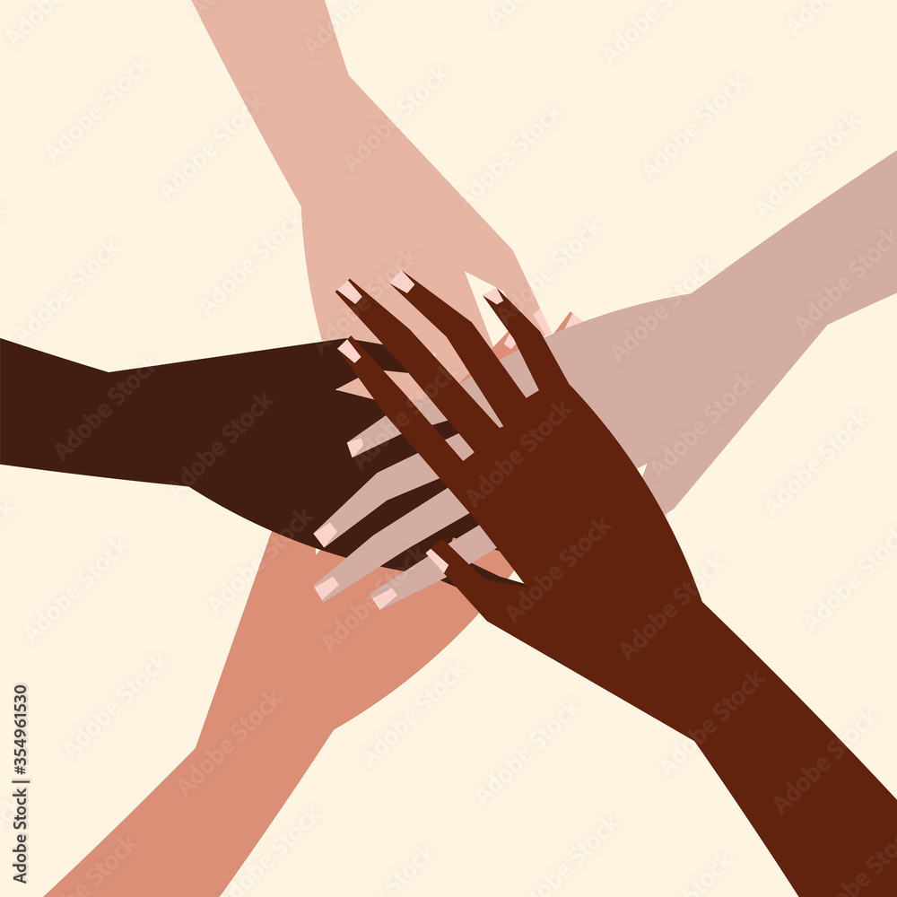 Vector illustration of a people's hands with different skin color together. Minimal flat style.