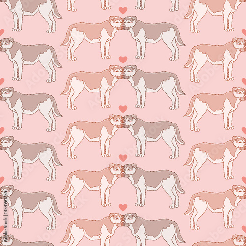 Saint Valentines Day dogs vector repeat pattern. Kawaii puppies in love seamless illustration background.