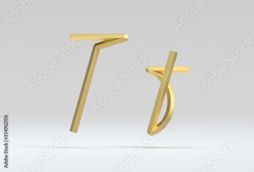 3d illustration of the letter T in gold metal on a white isolated background
