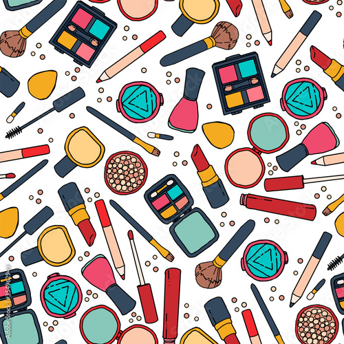 Hand drawn colorful vector seamless pattern in doodle style, collection of various cosmetic products for make up and design about beauty. 