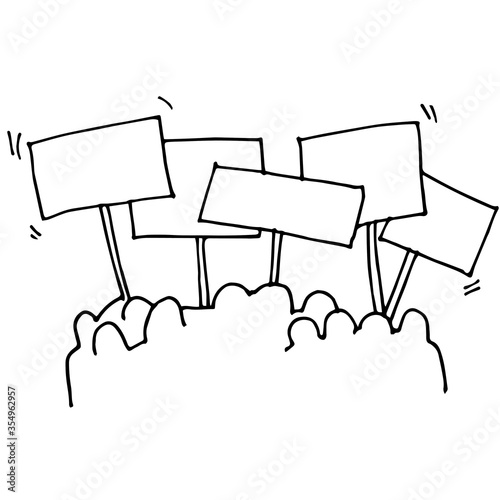 doodle style vector illustration. image of a rally, protest, uprising, revolution. simple line drawing. crowd of people with posters. to illustrate the struggle for the rights of blacks, women, LGBT