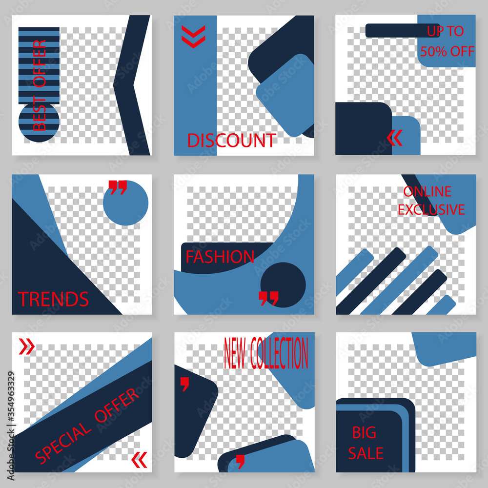 Set of square templates for social media design. Vector background for social networks. Abstract minimal design.Geometric design with place for photos. Set of square templates for social media design. Vector background for social networks. Abstract minimal design.Geometric design with place for photos.