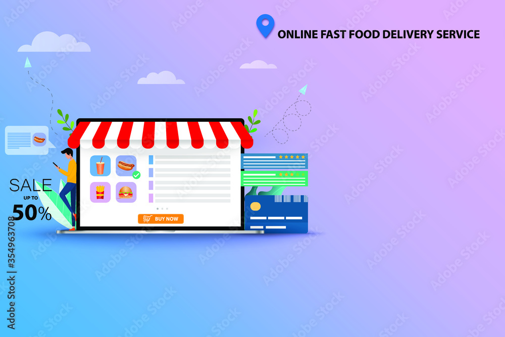 Concept of online fast food delivery service, young man standing near laptop to read thedetail of fast food (sparkling water, hotdog, hamburger and french fries) and order online from the application. Concept of online fast food delivery service, young man standing near laptop to read thedetail of fast food (sparkling water, hotdog, hamburger and french fries) and order online from the application.