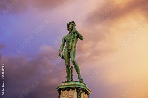 The replica of Michelangelo s David statue in Michelangelo Square during sunset in Florence  Italy