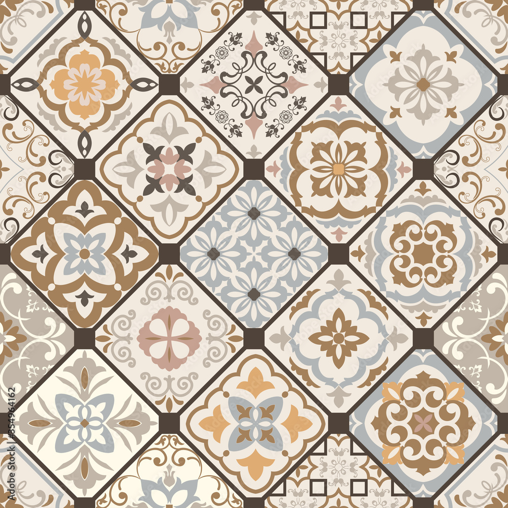 Seamless colorful patchwork. Hand drawn background. Azulejos tiles patchwork. Traditional ornate Portuguese and Spanish decorative tiles azulejos. Abstract background. Ceramic tiles. Vector