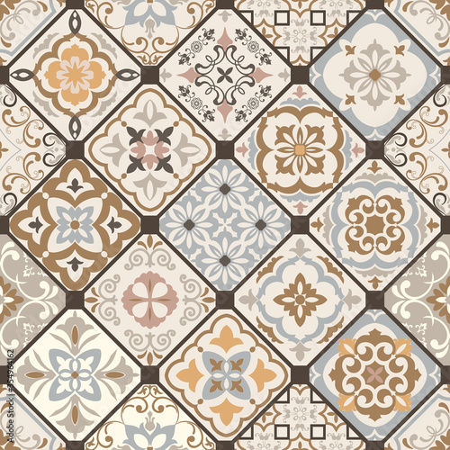 Seamless colorful patchwork. Hand drawn background. Azulejos tiles patchwork. Traditional ornate Portuguese and Spanish decorative tiles azulejos. Abstract background. Ceramic tiles. Vector