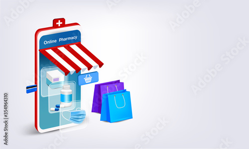 Smartphone with medicine and medical mask for online pharmacy