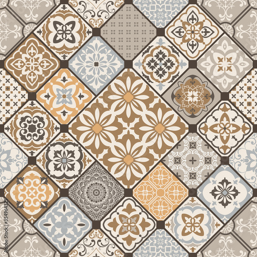 Seamless colorful patchwork. Hand drawn background. Azulejos tiles patchwork. Traditional ornate Portuguese and Spanish decorative tiles azulejos. Abstract background. Ceramic tiles. Vector