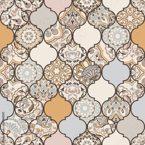 Seamless colorful patchwork. Hand drawn background. Azulejos tiles patchwork. Traditional ornate Portuguese and Spanish decorative tiles azulejos. Abstract background. Ceramic tiles. Vector