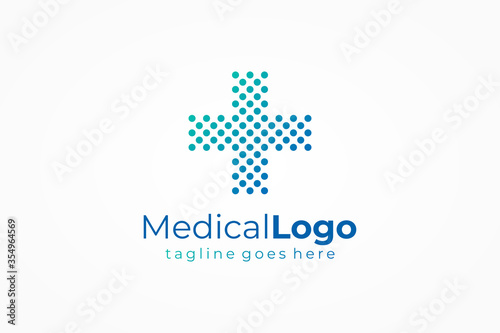 Medical Logo Health Symbol Pharmacy Icon. Blue Gradient Pixel Dots Halftone Cross Sign isolated on White Background. Flat Vector Logo Design Template Element.