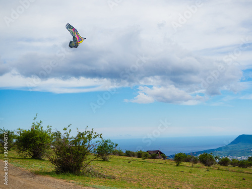 Colorful kite against the background of clouds.