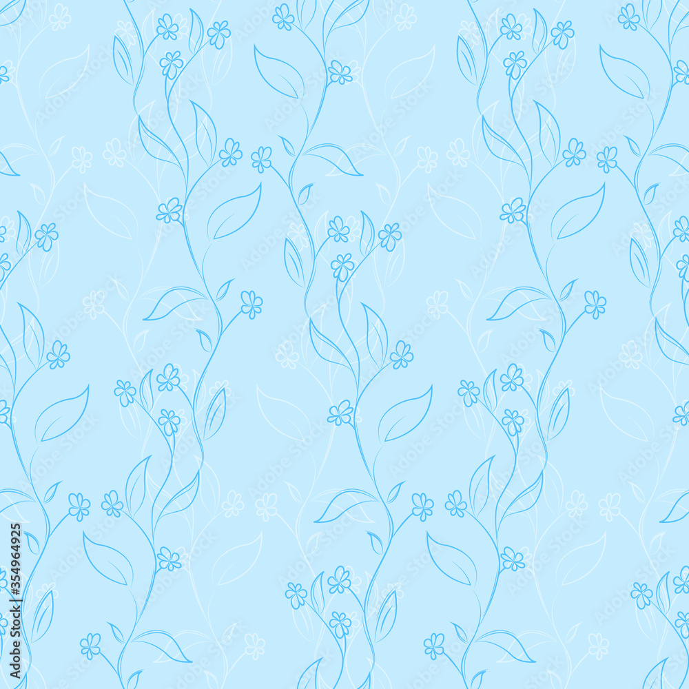 Seamless floral pattern, curly branches and leaves. Hand-drawn texture with flowers. Isolated