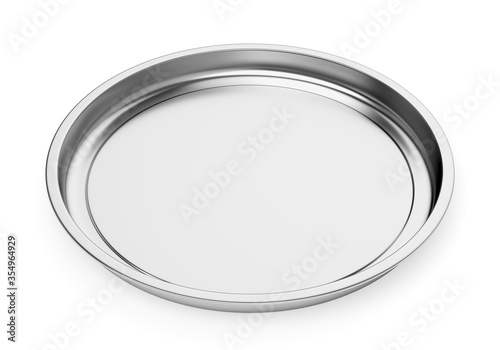 Steel round baking or food tray isolated on white
