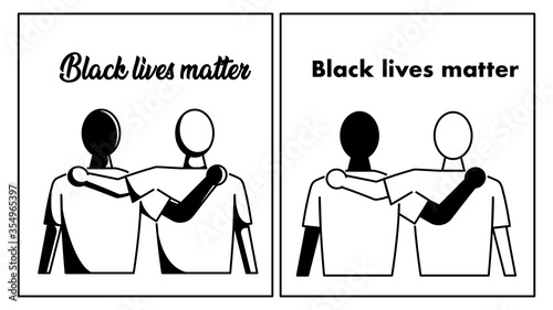 Black lives matter. Anti-racism concept: Silhouette of a black and a white man hug each other from the back in 2 style. Vector illustration icon