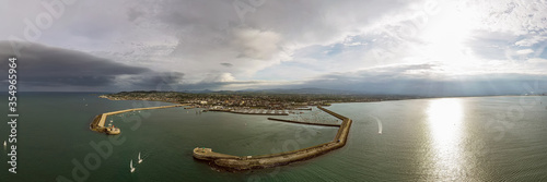 Aerial view of sailing boats, ships and yachts in Dun Laoghaire marina harbour, Ireland