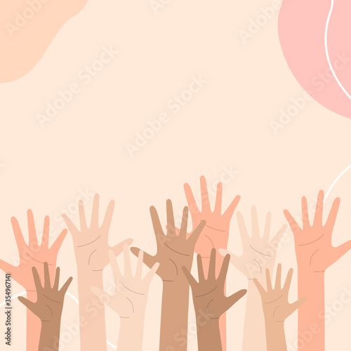 Social diversity concept, Hands up, People raising hands in the air, Hands Diverse Diversity Ethnic Ethnicity Variation, International Human Rights awareness month illustration for global equality and
