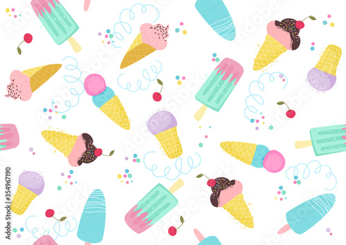 Seamless pattern with hand drawn cartoon ice cream