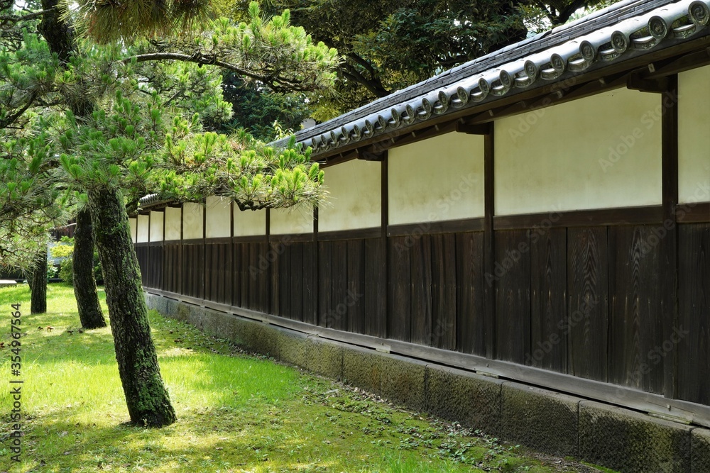 Pine trees and Japanese old style architecture white wall. At Kanagawa, Japan.