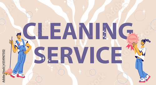 Home or office cleaning company service website banner or flyer template with trendy characters of cleaners staff working. Dry and wet clean, dry cleaning of furniture. Cartoon vector illustration. 