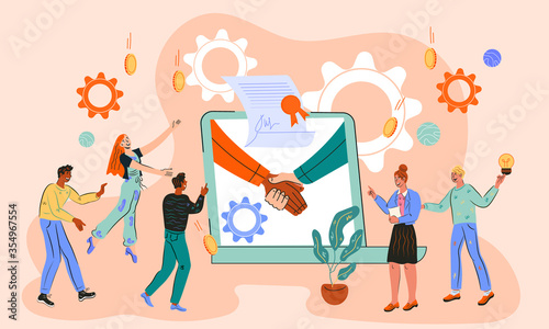 Smart contract signing banner template with characters of business people. Successful partnership agreement or business deal conclusion remotely via computer networking. vector illustration background