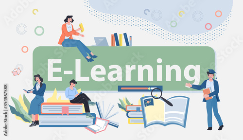 E-learning and distance education banner template with tiny people characters among books. Educational internet computer courses and online schooling internet technology. Vector illustration.
